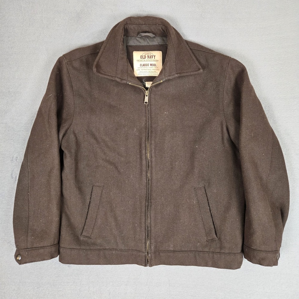 Vintage Old Navy Jacket Men Large Brown Wool Bomber Full Zip Classic Quilt Lined